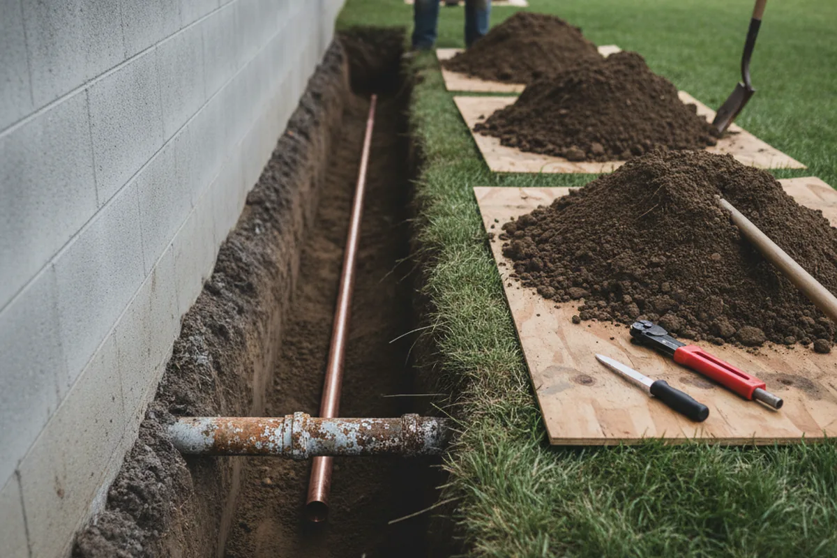 Excavated water line trench during Water Softener Installation in Damascus